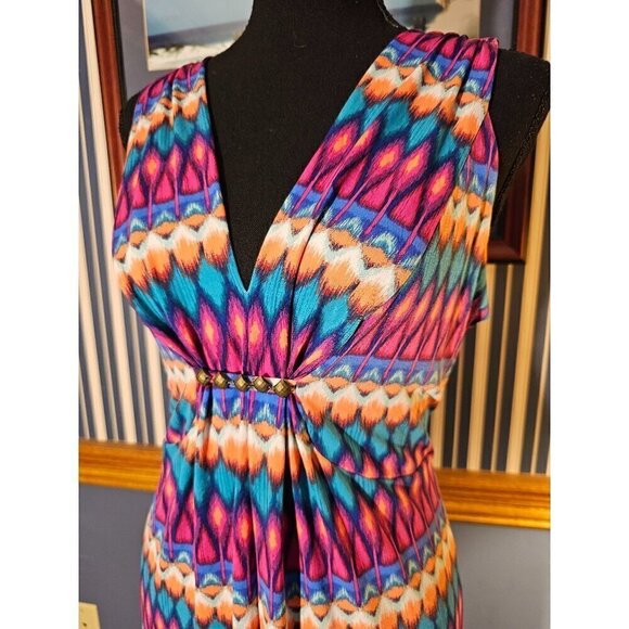 Ruby Rd. Size Small Batik V Neck Stretch Maxi Summer Sun Dress Multicolor - Picture 2 of 4